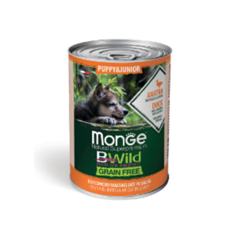 Влажный корм Monge Dog BWild GRAIN FREE Puppy&Junior для щенков и беременных собак, беззерновой, из утки с тыквой и кабачками, консервы 400 г - 24 шт