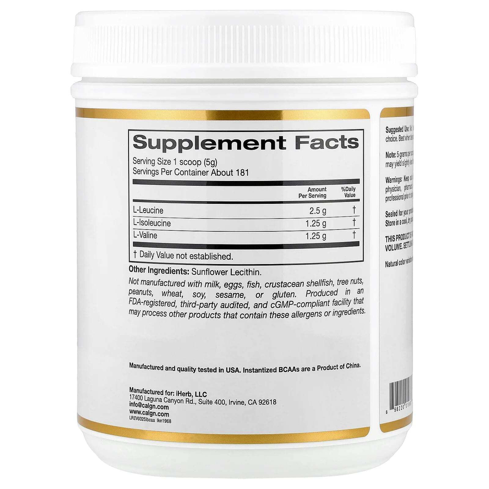 California Gold Nutrition, быстрорастворимый порошок BCAA с L-лейцином, L-изолейцином и L-валином, без ароматизаторов, 907 г (2 фунта)