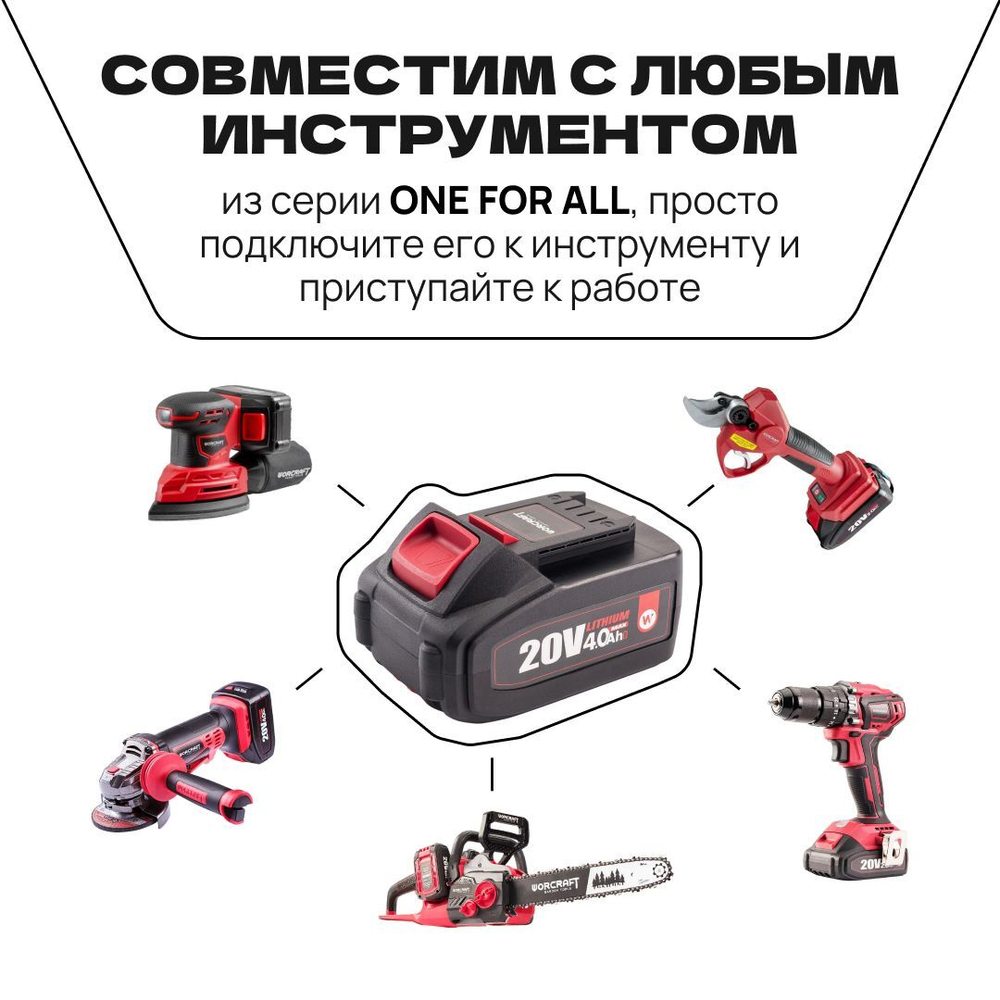 WORCRAFT Аккумулятор переносной литий-ионный для шуруповерта и электроинструмента 20V Li-ion, 2.0Ah.
