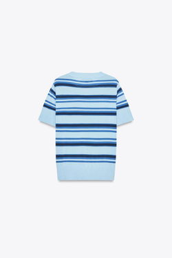 ZARA ТРИКОТАЖНАЯ ФУТБОЛКА В ПОЛОСКУ, СИНИЙ/ИНДИГО