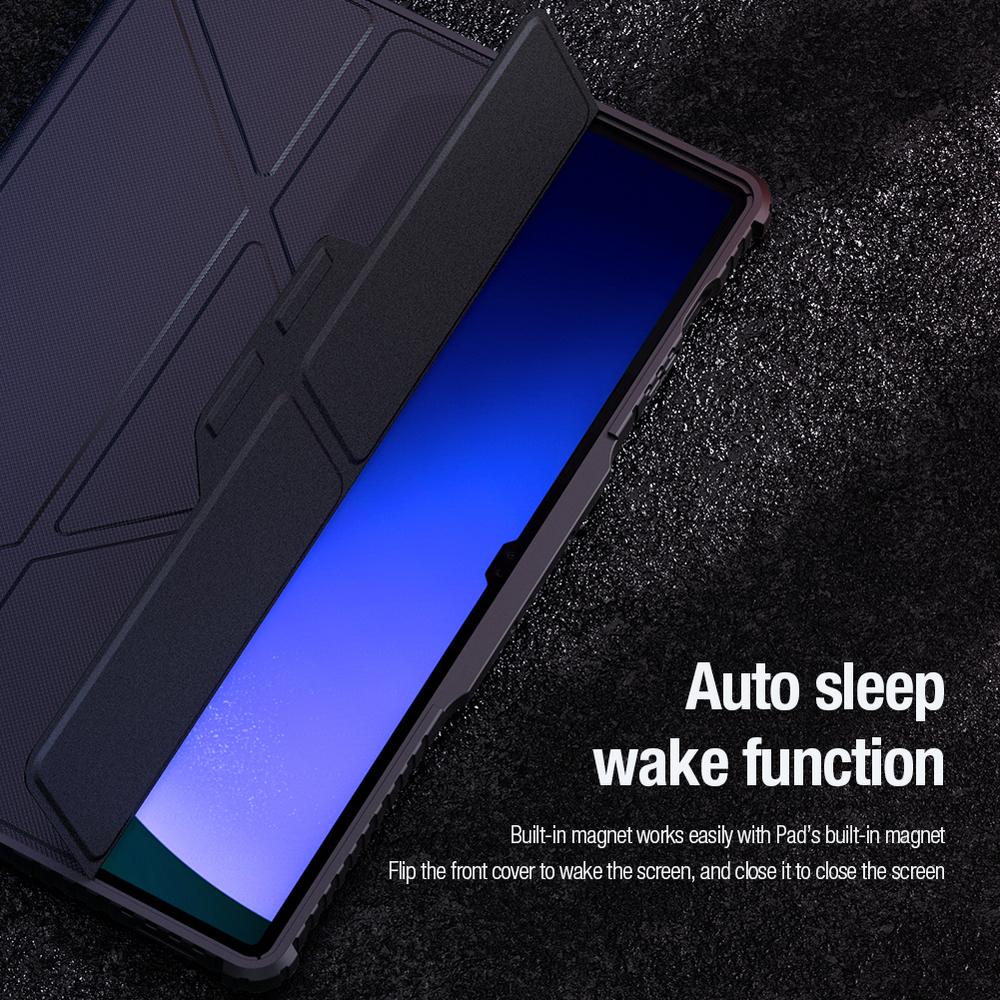 Чехол книжка синего цвета от Nillkin для планшета Samsung Galaxy Tab S9 Ultra и Tab S10 Ultra, серия Bumper Pro Case-Multi Angle Folding Style, с защитной шторкой для камеры