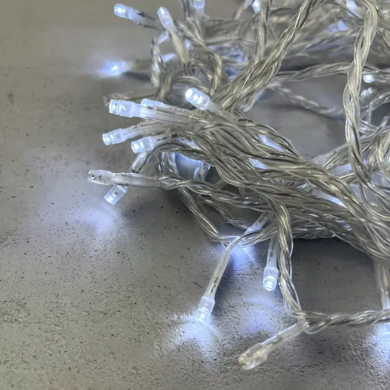 Светодиодная гирлянда с белым бликующим диодом 10 м, 220-230V., 100 холодных белых LED ламп, прозрачный ПВХ, LTC (PST100BLW-10-2W)