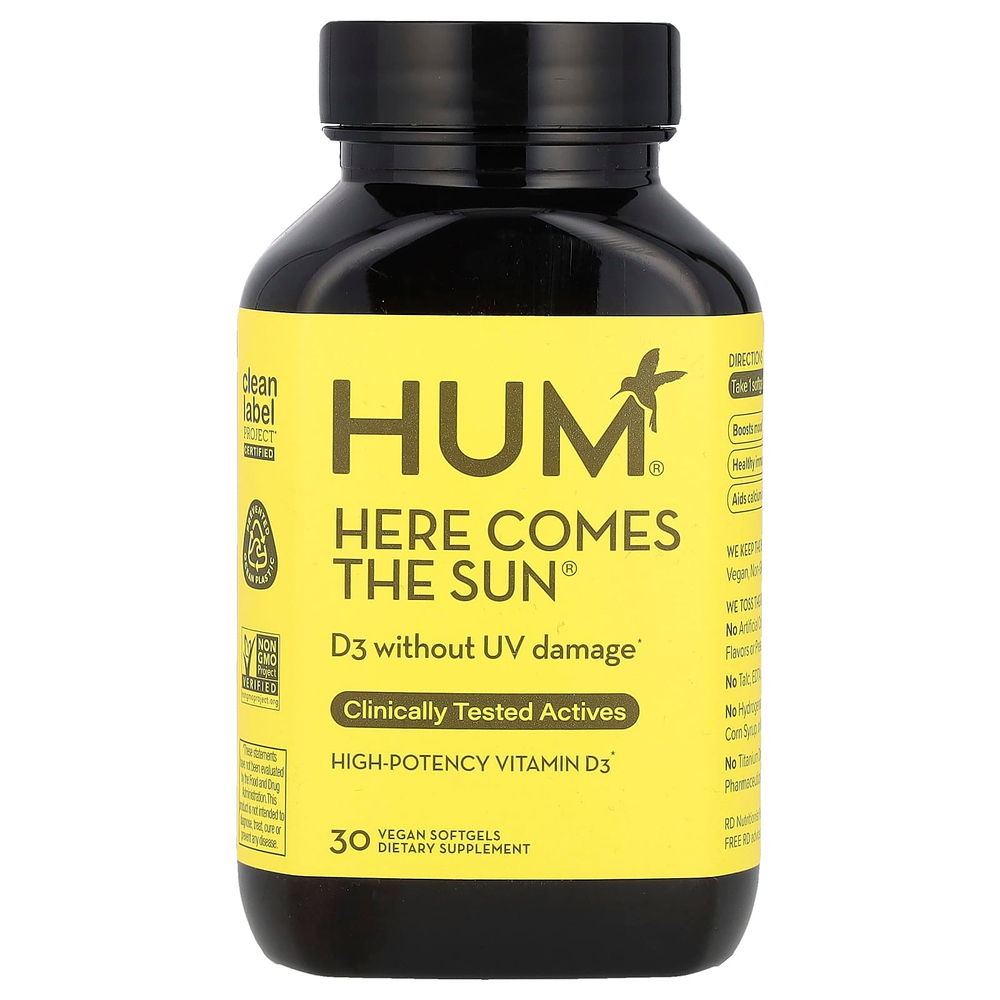 HUM Nutrition, Here Comes The Sun®, высокоэффективный витамин D3, 30 веганских капсул (50 мкг в 1 капсуле)