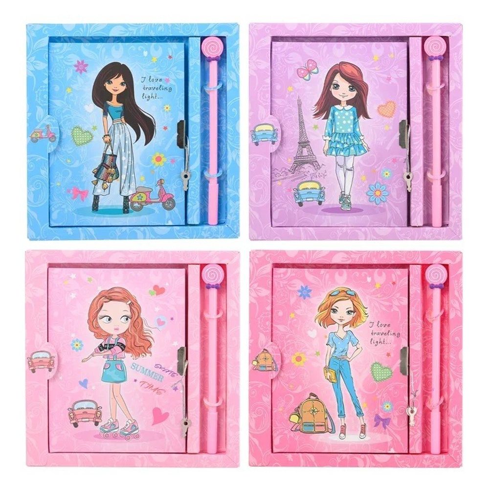Блокнот детский Basir на замке, с ручкой, формат А6, серия "Девочка", переплет 7БЦ, 17.7*13.2 см, 48 листов, ассорти