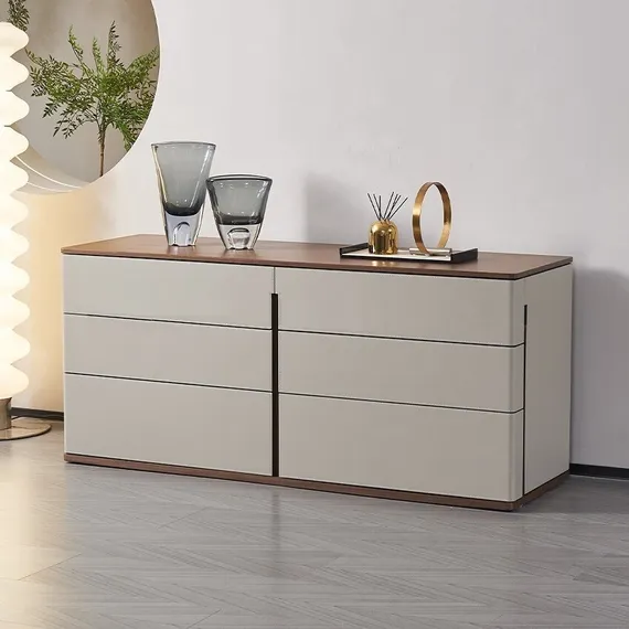 Комод с 6 ящиками Fidelio, шпон ореха, серая экокожа