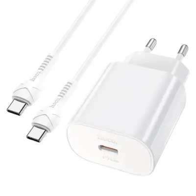 Сетевое зарядное устройство Hoco (N22) Jetta Type-C/PD25W+QC3.0 charger (EU) 3000mA + кабель Lightning (белый)