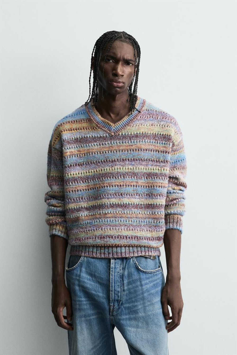 ZARA ДЖЕМПЕР В ПОЛОСКУ С АЖУРНОЙ ВЯЗКОЙ, РАЗНОЦВЕТНЫЙ