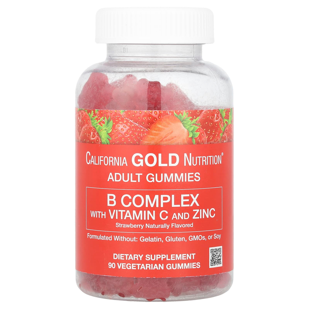 California Gold Nutrition, жевательная добавка с витаминами группы B, витамином C и цинком, натуральный клубничный вкус, 90 вегетарианских жевательных таблеток