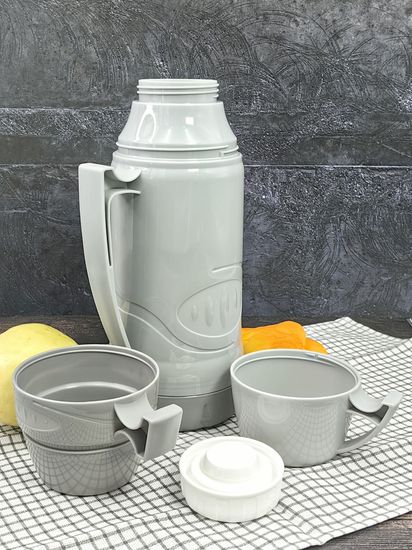 Термос 1 л. со стеклянной колбой Kamille KM 2031 пластиковый, 2 чашки