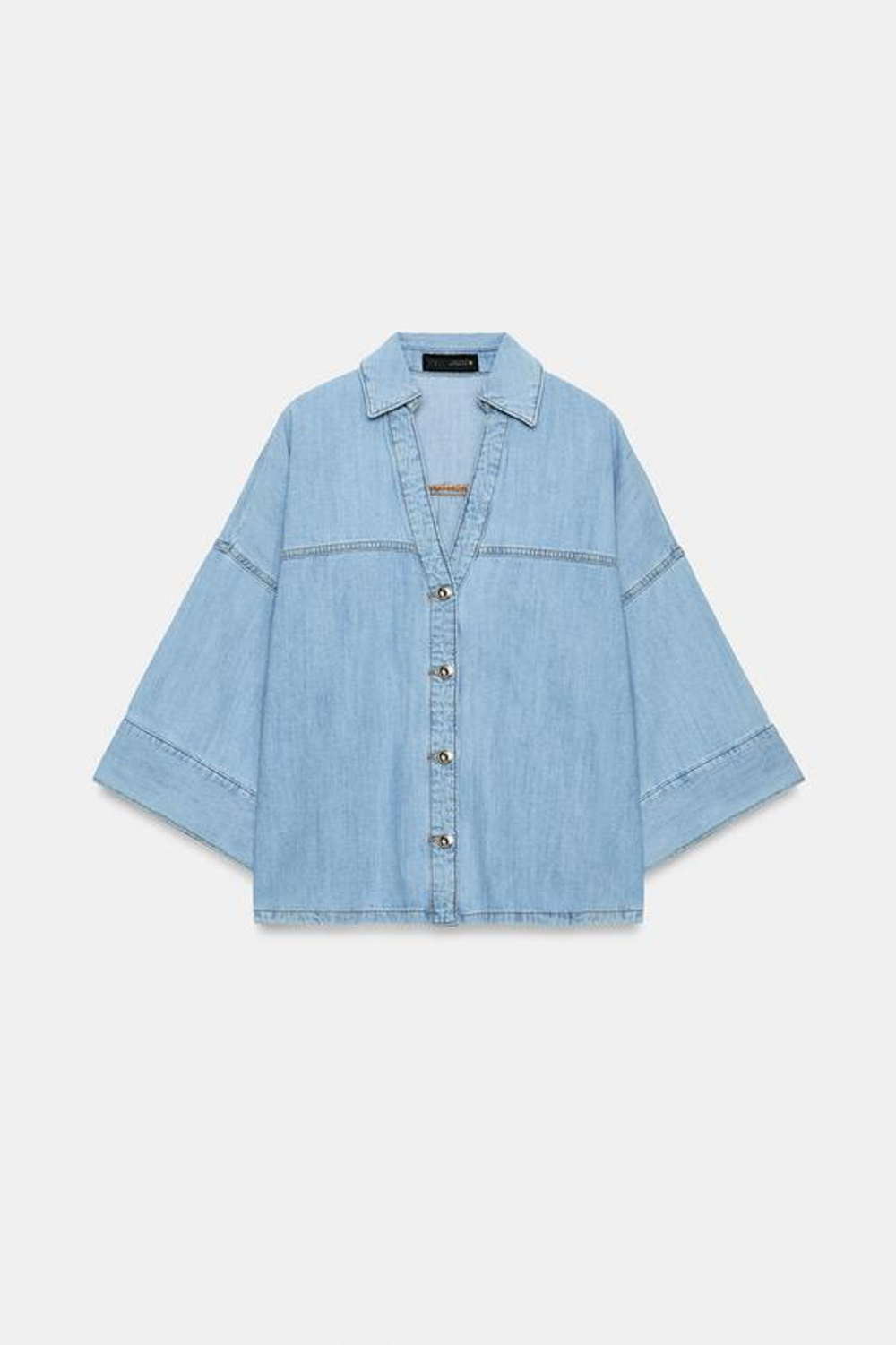 ZARA ДЖИНСОВАЯ РУБАШКА Z1975 С ШИРОКИМИ РУКАВАМИ, ВЫЦВЕТШИЙ СИНИЙ