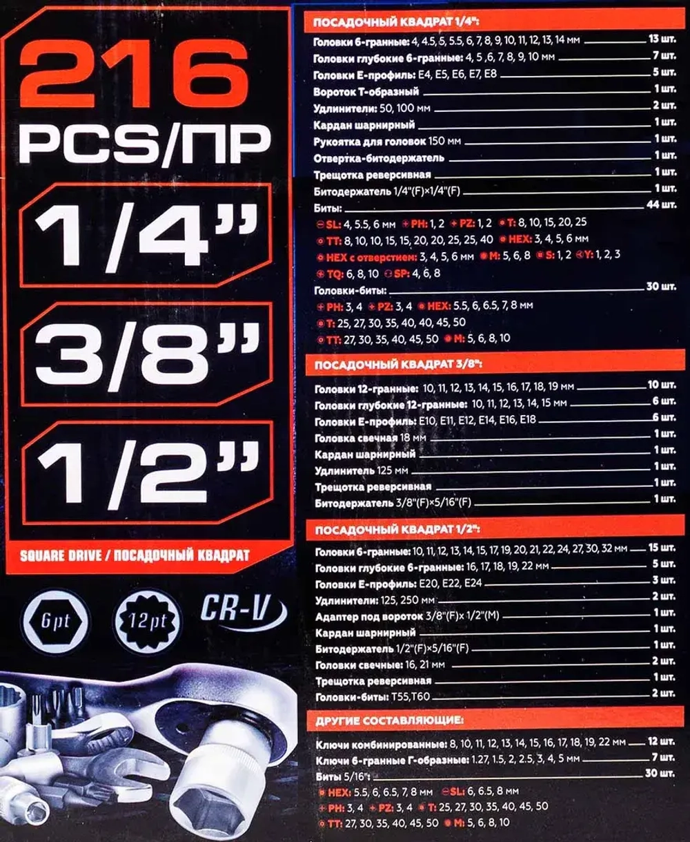 Набор инструментов 216пр. 1/4''3/8''1/2''(6гр, 12гр)(4-32мм) Forsage F-38841 SM