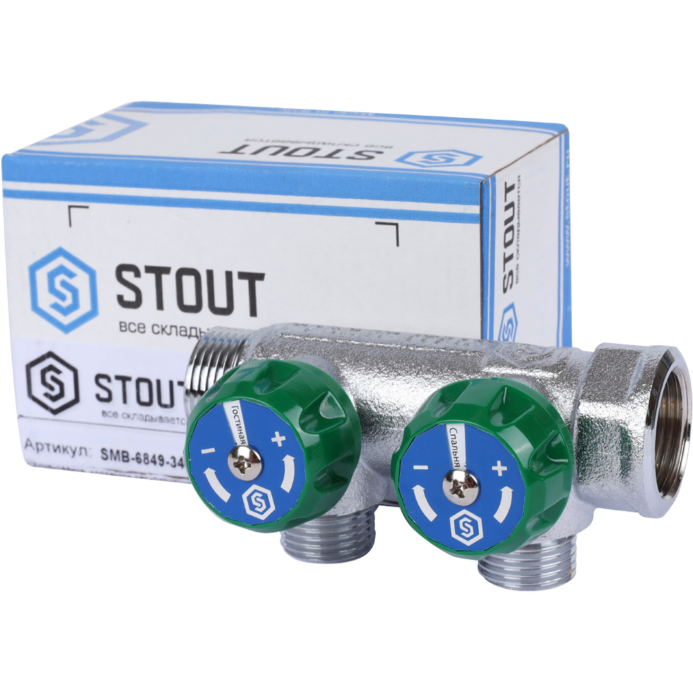 STOUT  SMB-6849-341202 STOUT Коллектор регулирующий 3/4", 2 отвода 1/2" плоское уплотнение