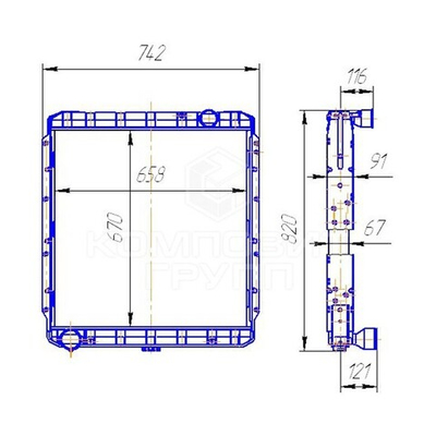 Радиатор 146.1301010-50 водяной 4-х рядный, медный, без доп. соска КАМАЗ-54115 Композит Групп
