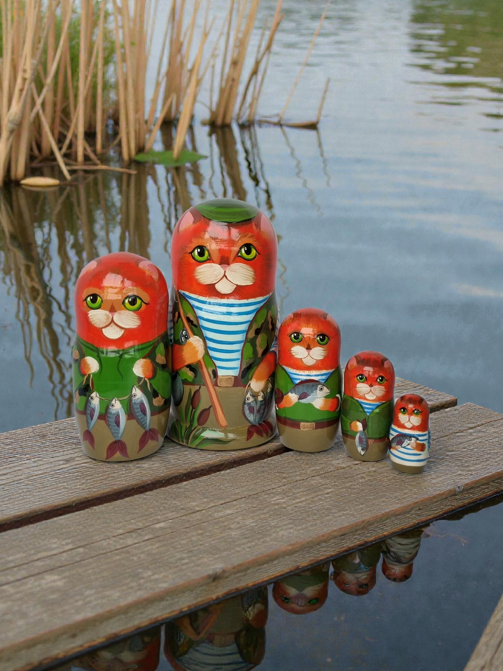Матрешка "Котик Рыбак Рыжик" 5 мест