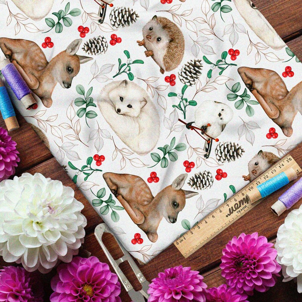 Ткань оксфорд 600 реалистичные животные, брусника и шишки