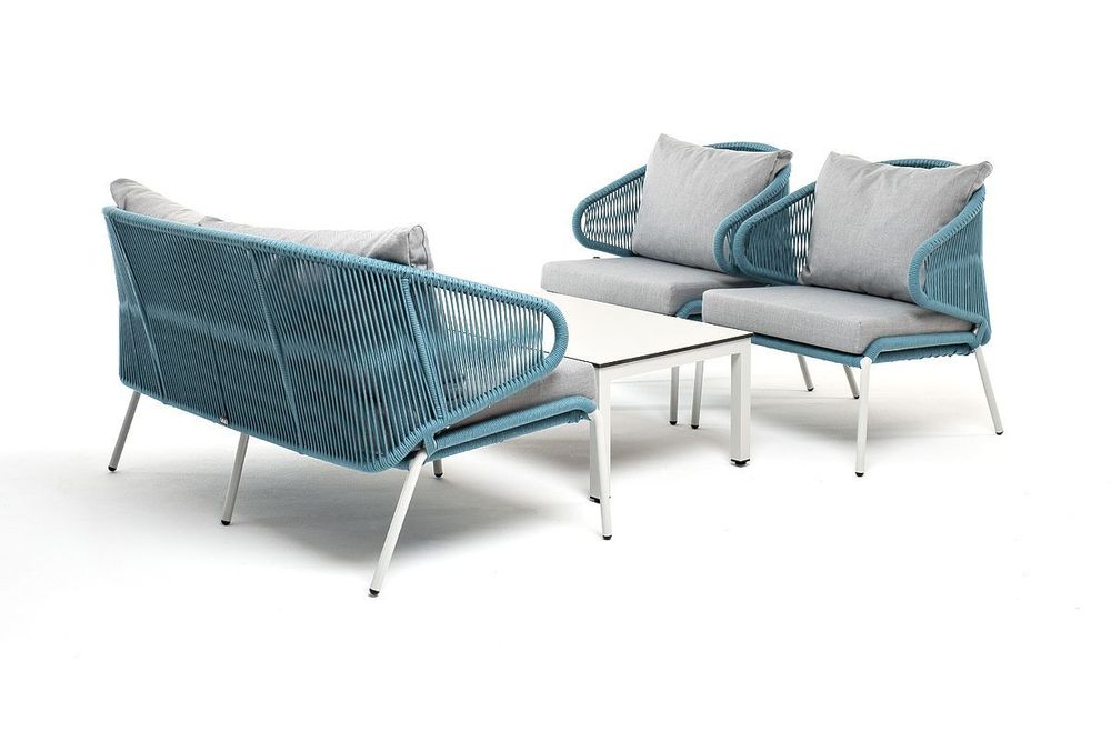 "Милан" лаунж-зона 4-местная плетеная из роупа (веревки), каркас алюминиевый светло-серый, роуп бирюзовый