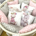 Комплект в кроватку 18 предметов "Семейные кролики", серый сатин