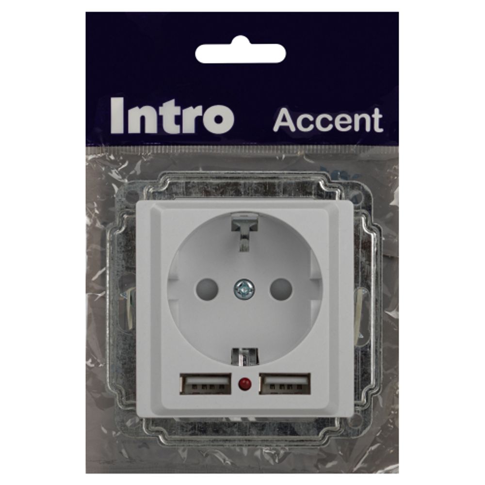 Розетка Intro Accent 6-410-01 P+E Schuko со шторками, 16А-250В + 2хUSB, IP20, СУ, белый