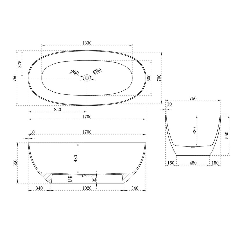 Ванна прозрачная Vincea VBT-6T01BR, 1700*750*550, цвет янтарь