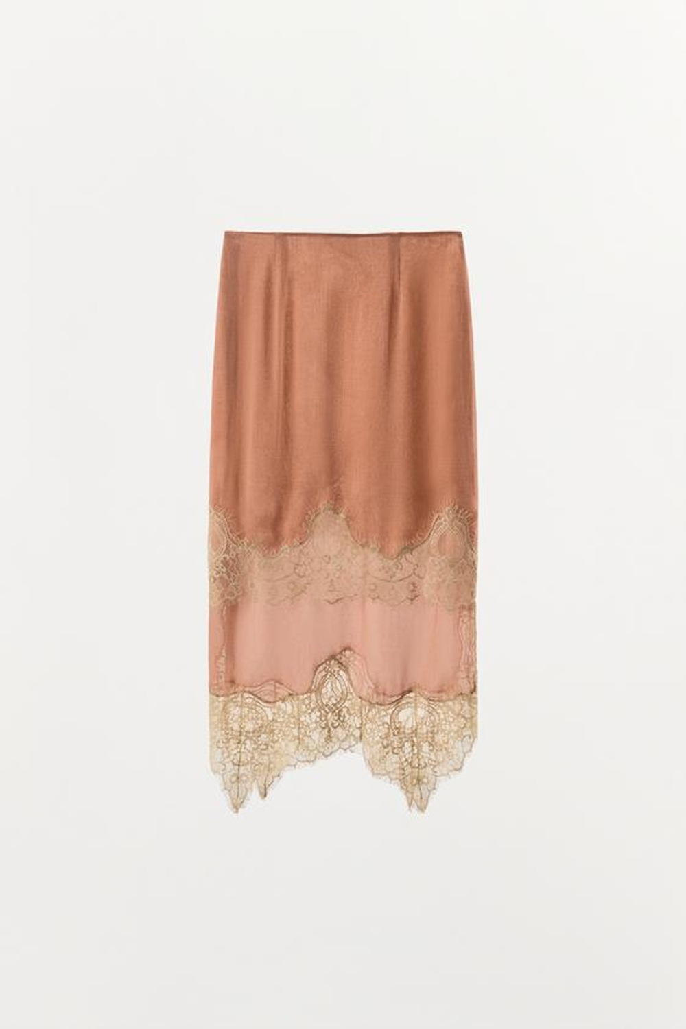 ZARA ЮБКА ИЗ ЖОРЖЕТА С КОНТРАСТНЫМ КРУЖЕВОМ, РОЗОВЫЙ