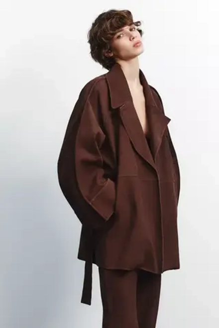 ZARA КОРОТКИЙ ТРЕНЧ ОВЕРСАЙЗ ИЗ ЗАМШИ, КОРИЧНЕВЫЙ