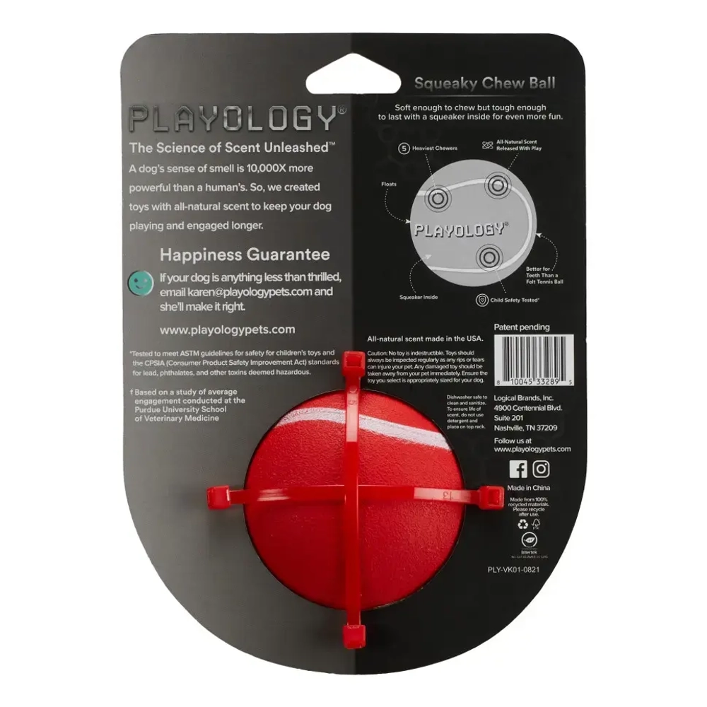 Playology squeaky chew ball жевательный мяч для собак средних и крупных пород с пищалкой и с ароматом говядины, 8 см, красный