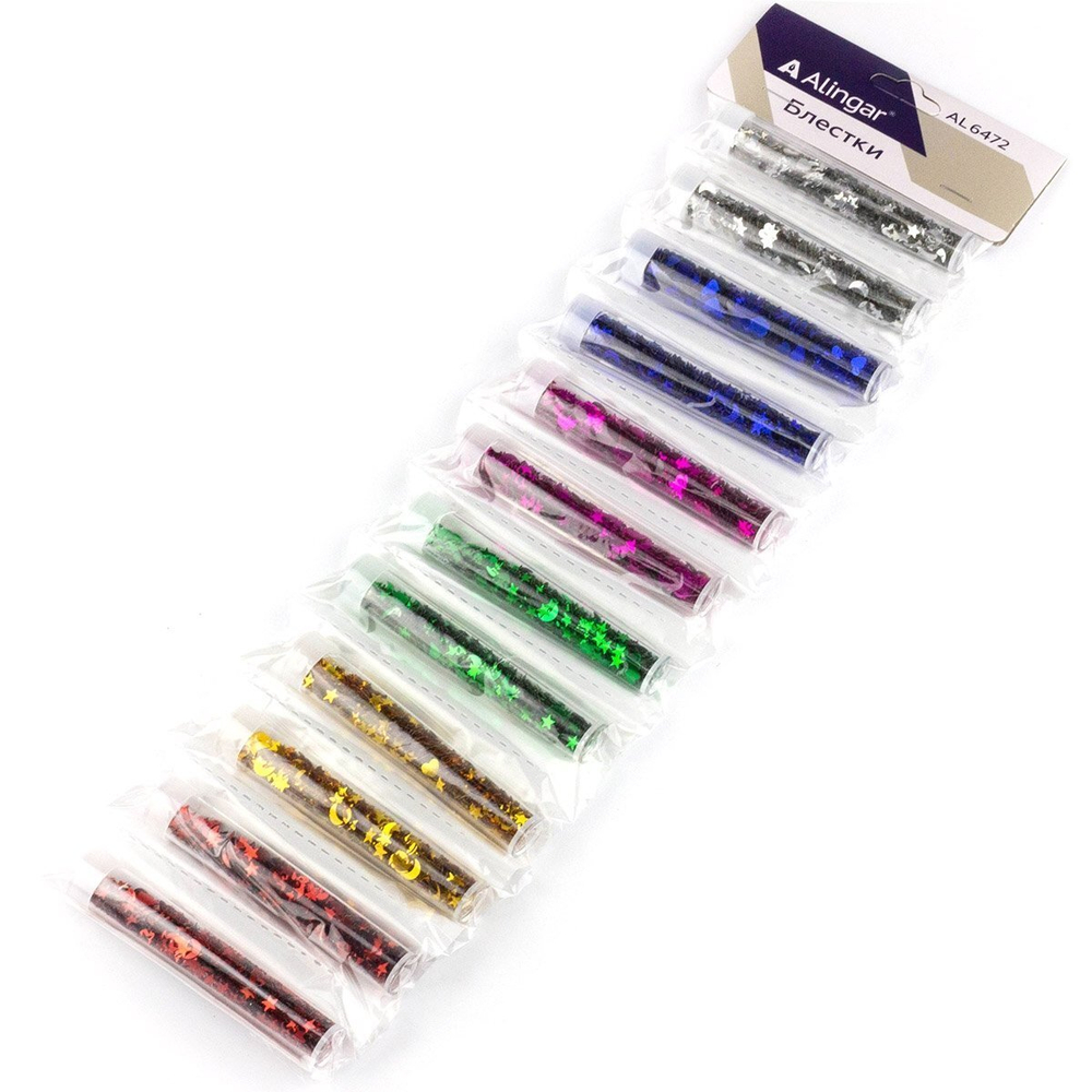 Блёстки для декора фигурные Alingar, 3 гр, 6 цветов х 2 шт, "Ассорти" (желт,сереб,крас,зел,син,фиол), 12 штук, тубус, пакет с европодвесом
