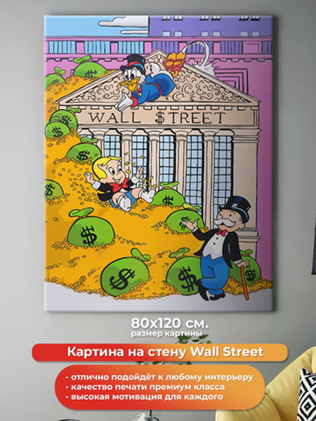 Картина на холсте на стену для интерьера Wall Street. Мотивация. Размер: 80 на 120 см.