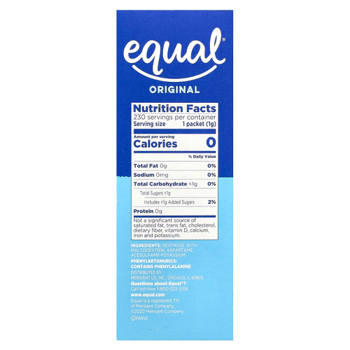 Equal, Нулевой калорийный подсластитель, оригинальный, 230 пакетиков, 230 г (8,1 унции)