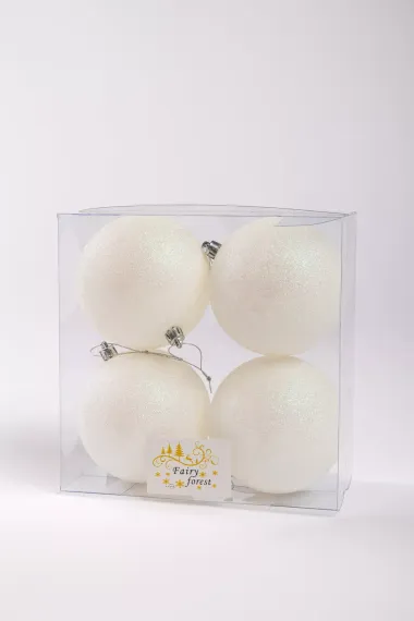 Набор пластиковых шаров Глория 100 мм., белый глиттер, 4 шт., ЕлкиТорг (150439)