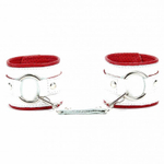 Бело-красные кожаные наручники с кольцом