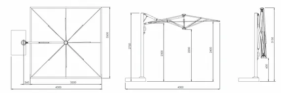 Зонт для кафе профессиональный Astro Carbon, 350х350 см, графит, слоновая кость