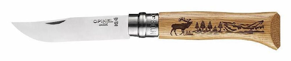 Нож Opinel №8, нержавеющая сталь, рукоять дуб, гравировка олень