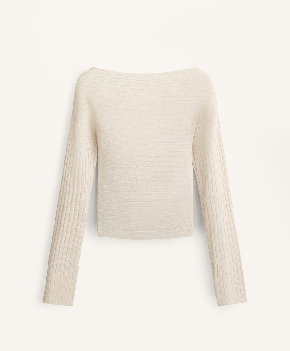 Oysho Джемпер с запахом в рубчик из тонкой полупрозрачной вязаной ткани, экрю
