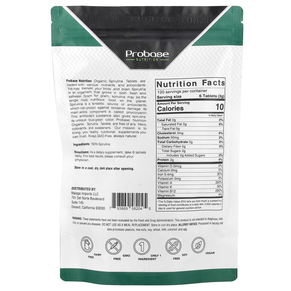 Probase Nutrition, Таблетки из органической спирулины, 12,8 унции