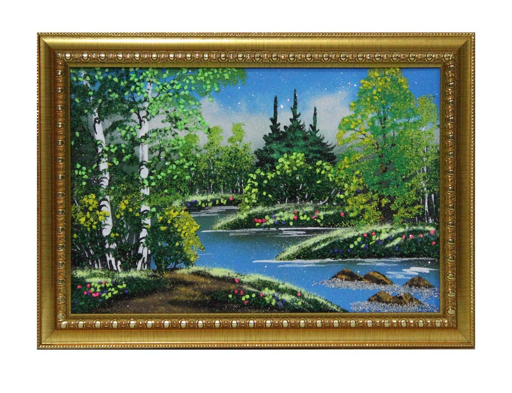 Картина№3 " Летний пейзаж" рисованная камнем в пластиковом багете 34.5-24.5см