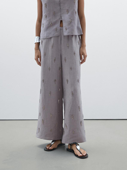 Massimo Dutti Брюки из льняной смеси с вышивкой из бисера, фиолетовый