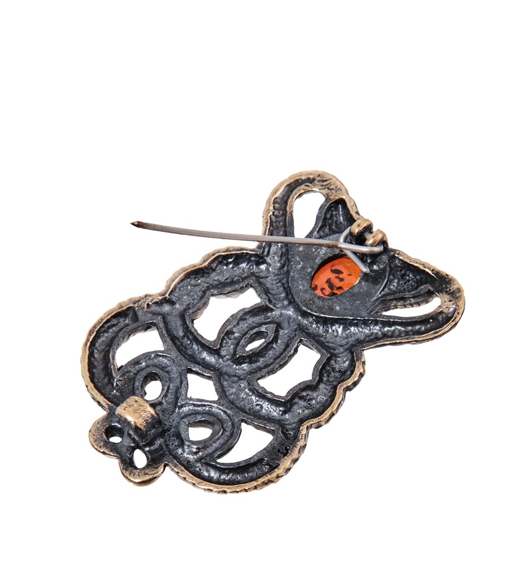 AM- 711 Брошь «Змеи Переплетение» (латунь, янтарь)