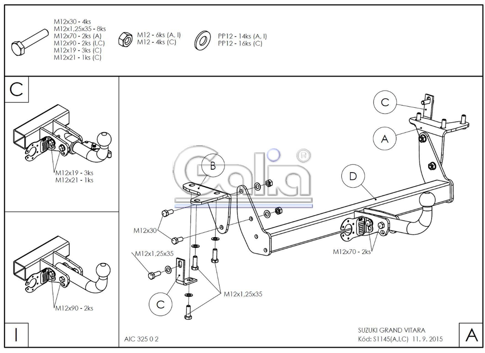 Фаркоп оцинкованный Galia S114A для Suzuki Grand Vitara 3 дверная 2005-2016(паспорт и сертификат в комплекте)(без электрики)
