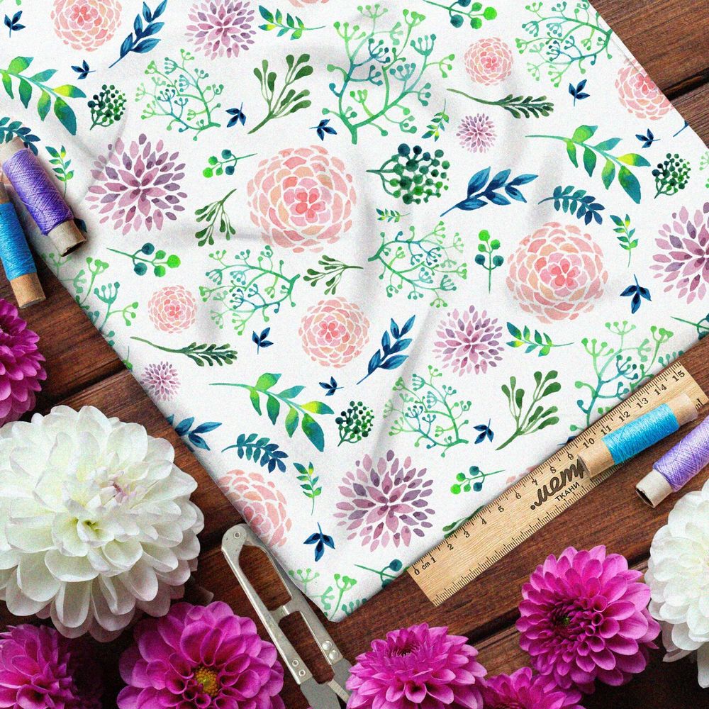 Ткань бифлекс акварельные георгины и трава