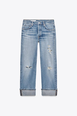 ZARA ДЖИНСЫ TRF STRAIGHT-LEG MID-RISE С РАЗРЕЗАМИ, ГОЛУБОЙ