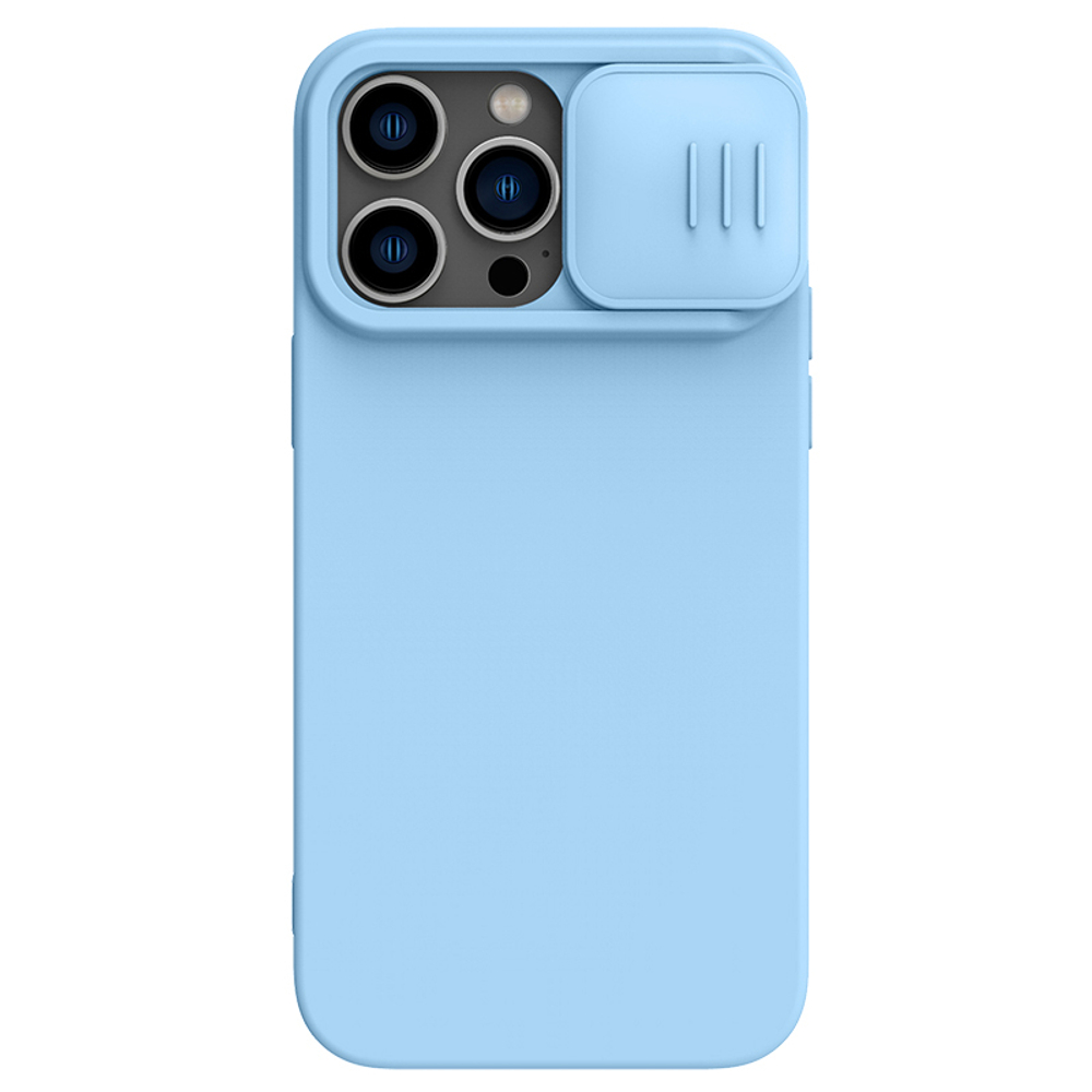 Чехол синего цвета (Haze Blue) с мягким шелковистым покрытием от Nillkin для iPhone 14 Pro, серия CamShield Silky Silicone Case с защитной шторкой для камеры