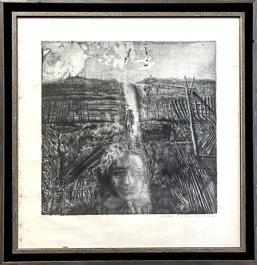 Гречина Ольга Николаевна .Детство. Офорт, акватинта, отпечаток тоном. 1980 г. СССР. 75 х 73 см.