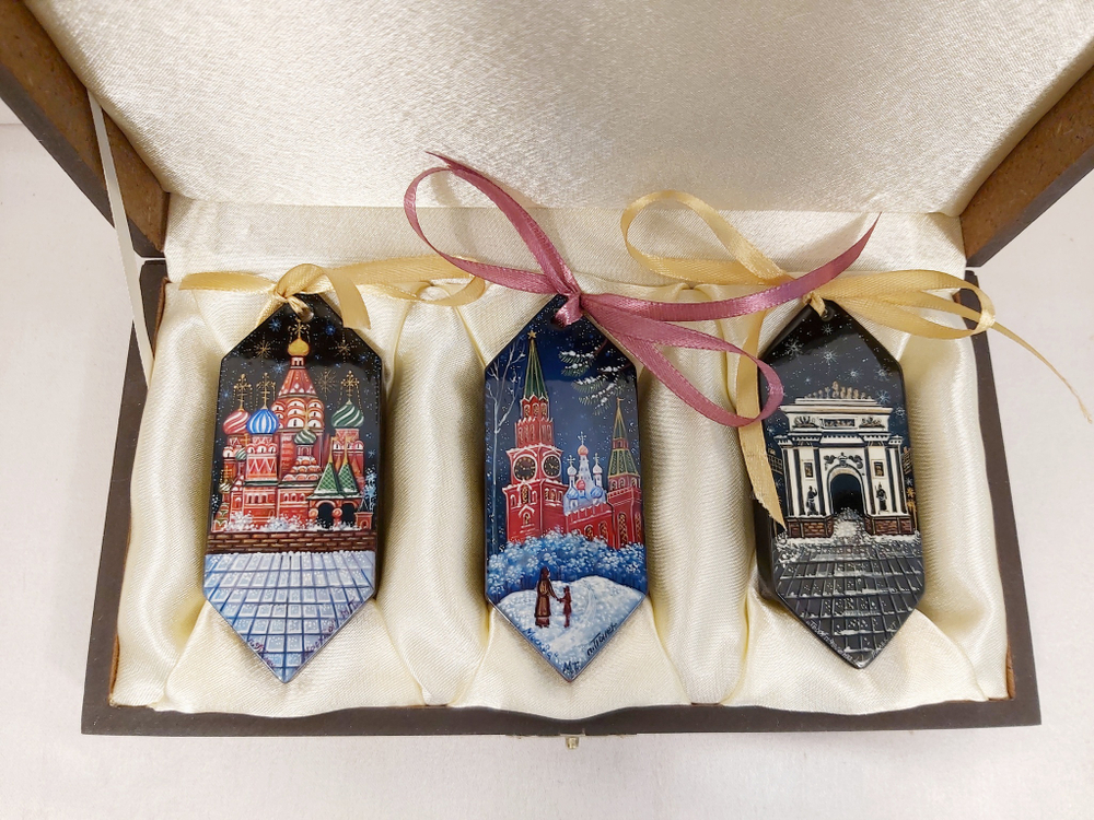 Набор ёлочных игрушек с ручной росписью Палех "Москва" в футляре