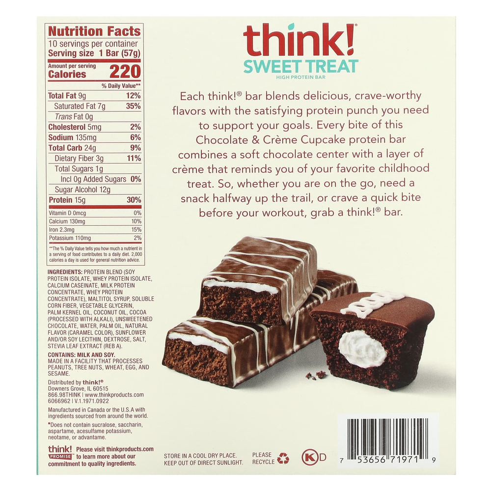 Think !, Sweet Treat, высокопротеиновый батончик, шоколад и кекс с кремом, 10 батончиков по 57 г (2,01 унции)
