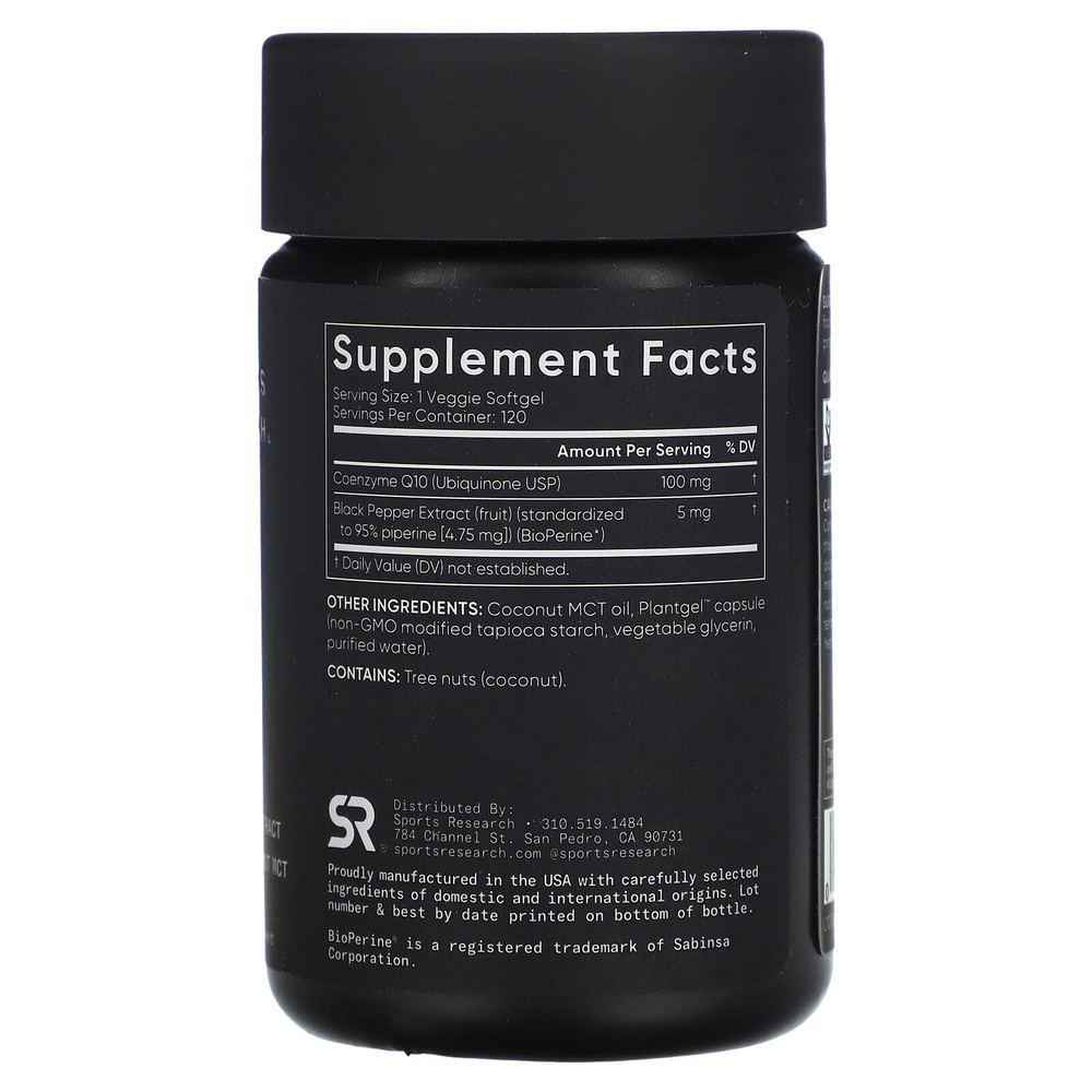 Sports Research, коэнзим Q10 класса USP с экстрактом BioPerine, 100 мг, 120 вегетарианских капсул