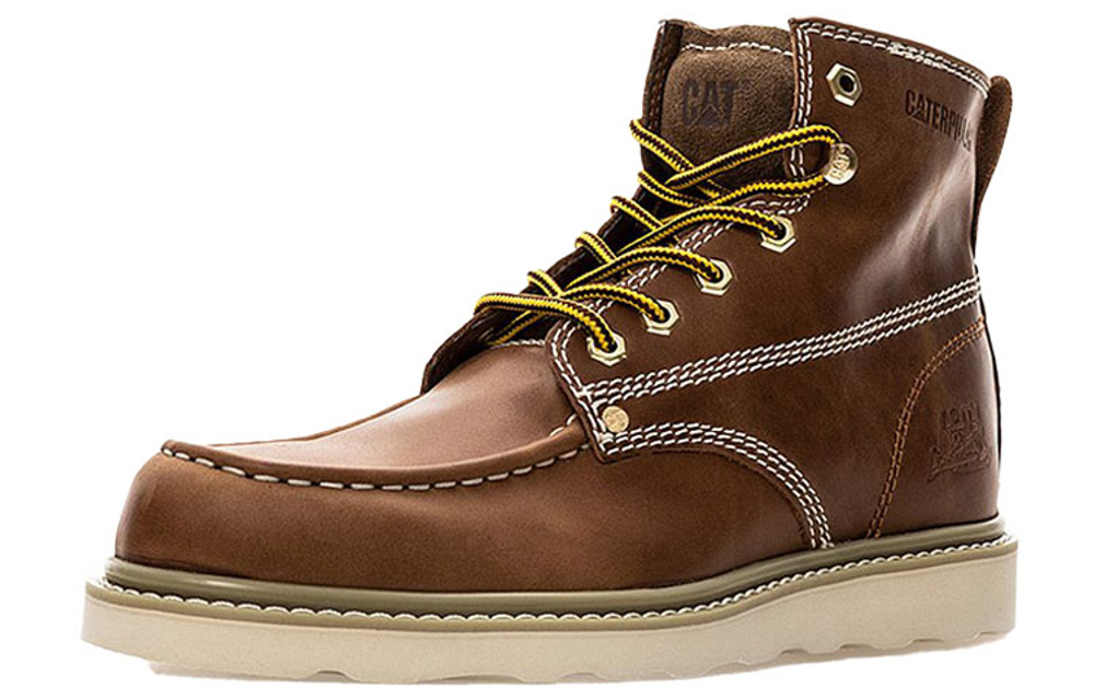 CAT Glenrock Mid Leather Abrasion Resistant Slip Resistant Comfortable Knee High Outdoor Boots Men"s Brown Yellow