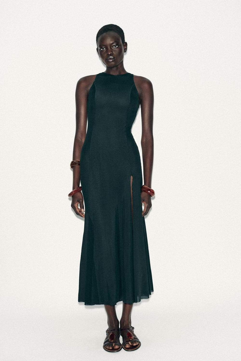 ZARA ДЛИННОЕ ПЛАТЬЕ ИЗ ТЮЛЯ С ЮБКОЙ ГОДЕ, ТЕМНО-ЗЕЛЕНЫЙ