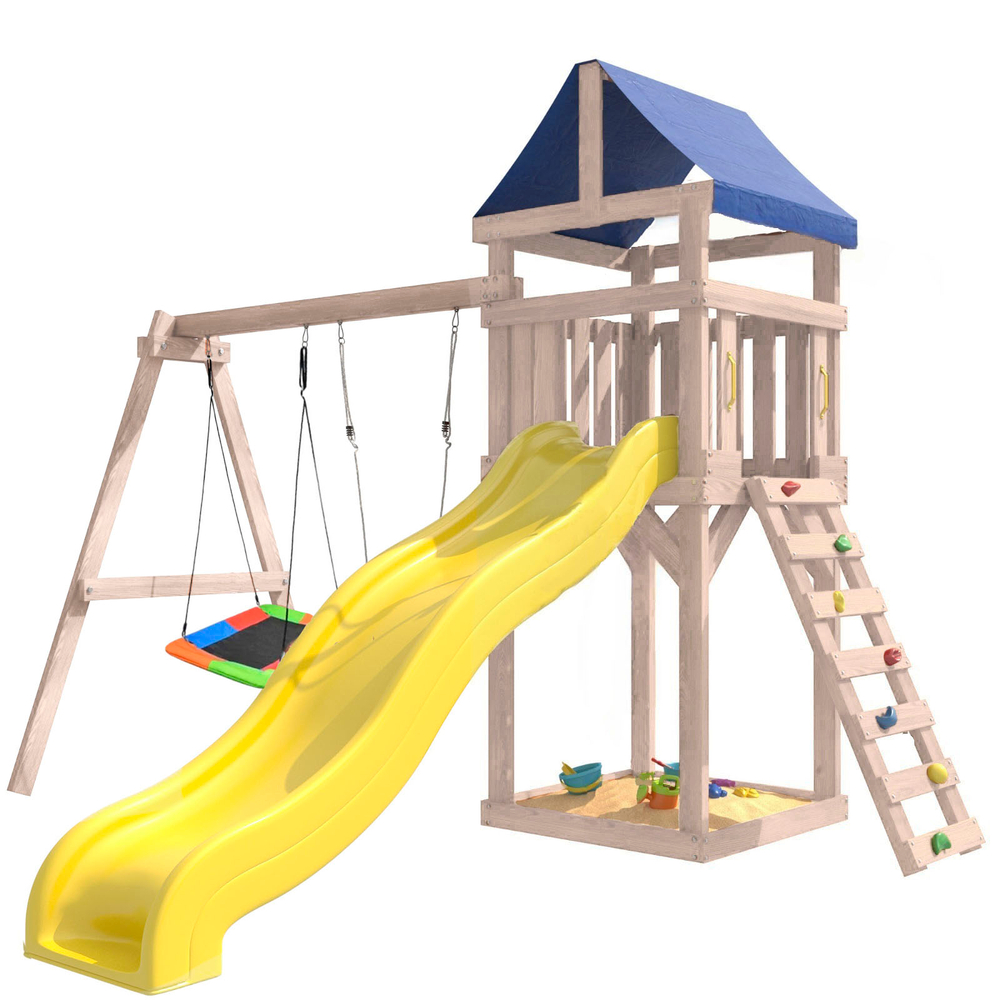 Детская площадка неокрашенная Сlassic с качелями лодочка и прямоугольным гнездом Лодка IgroWoods для улицы и дачи