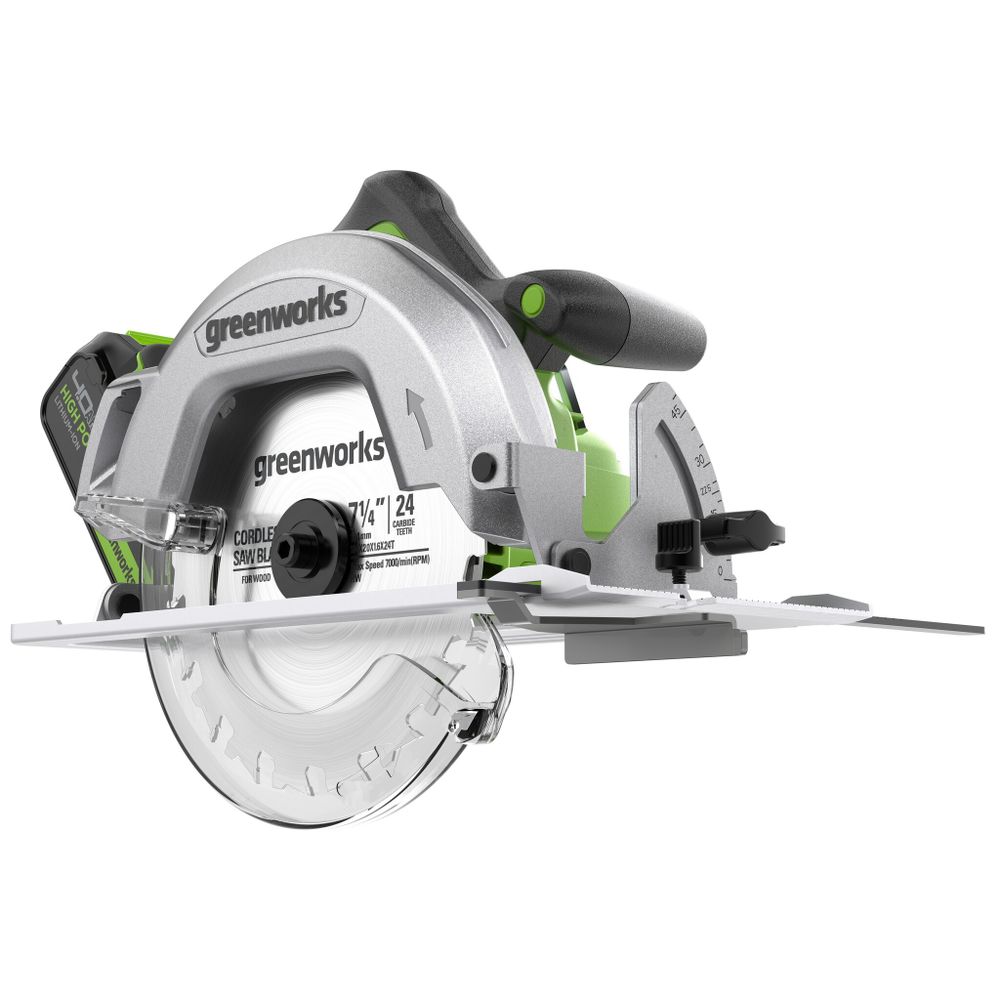 Дисковая пила акк. Greenworks GD24CS, 24V,б/щет,185х20мм, 4500 об/мин, рез 63мм,1х4Ач,ЗУ,кор (1500907CUB)